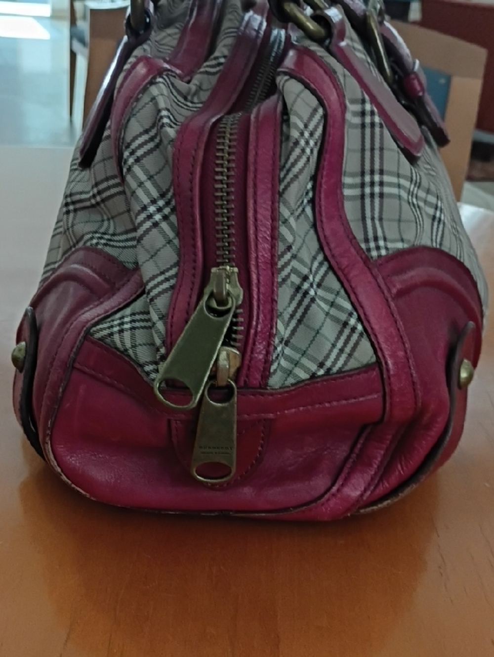 Burberry Blue Label  Beige Plaid Satchel with Red Leather Trim - Picture 7 of 12